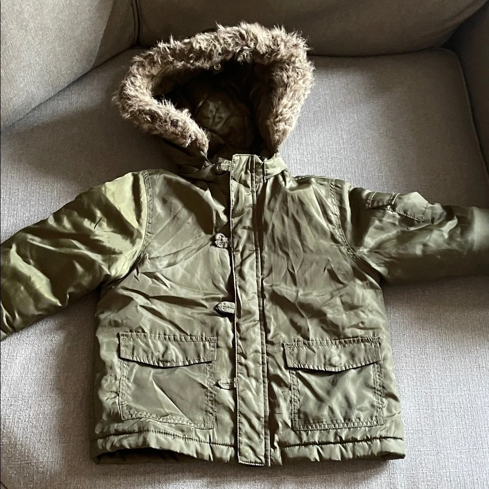 Janie & Jack Olive Green Hooded Jacket with removable Faux Fur Trim